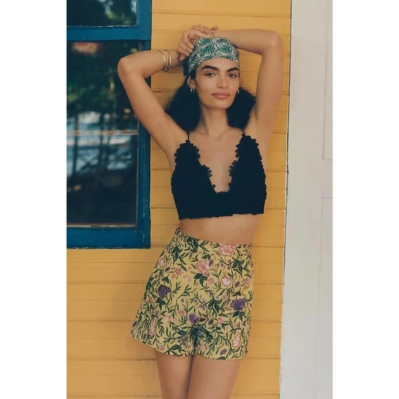 NWT La Fuori x Anthropologie Silk Blend Embroidered Shorts Size L Yellow - Picture 1 of 14